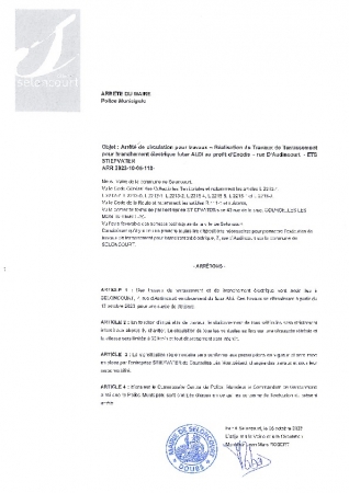 ARR2023-10-05-118 Arrêté de circulation pour travaux - Branchement électrique - rue d'Audincourt - ETS STIEFVATER